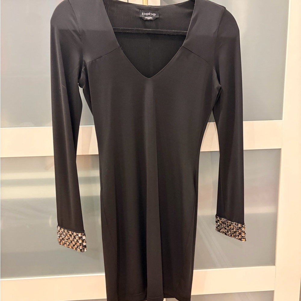 bebe Black Long Sleeve V-Neck Dress with Beaded Cuffs